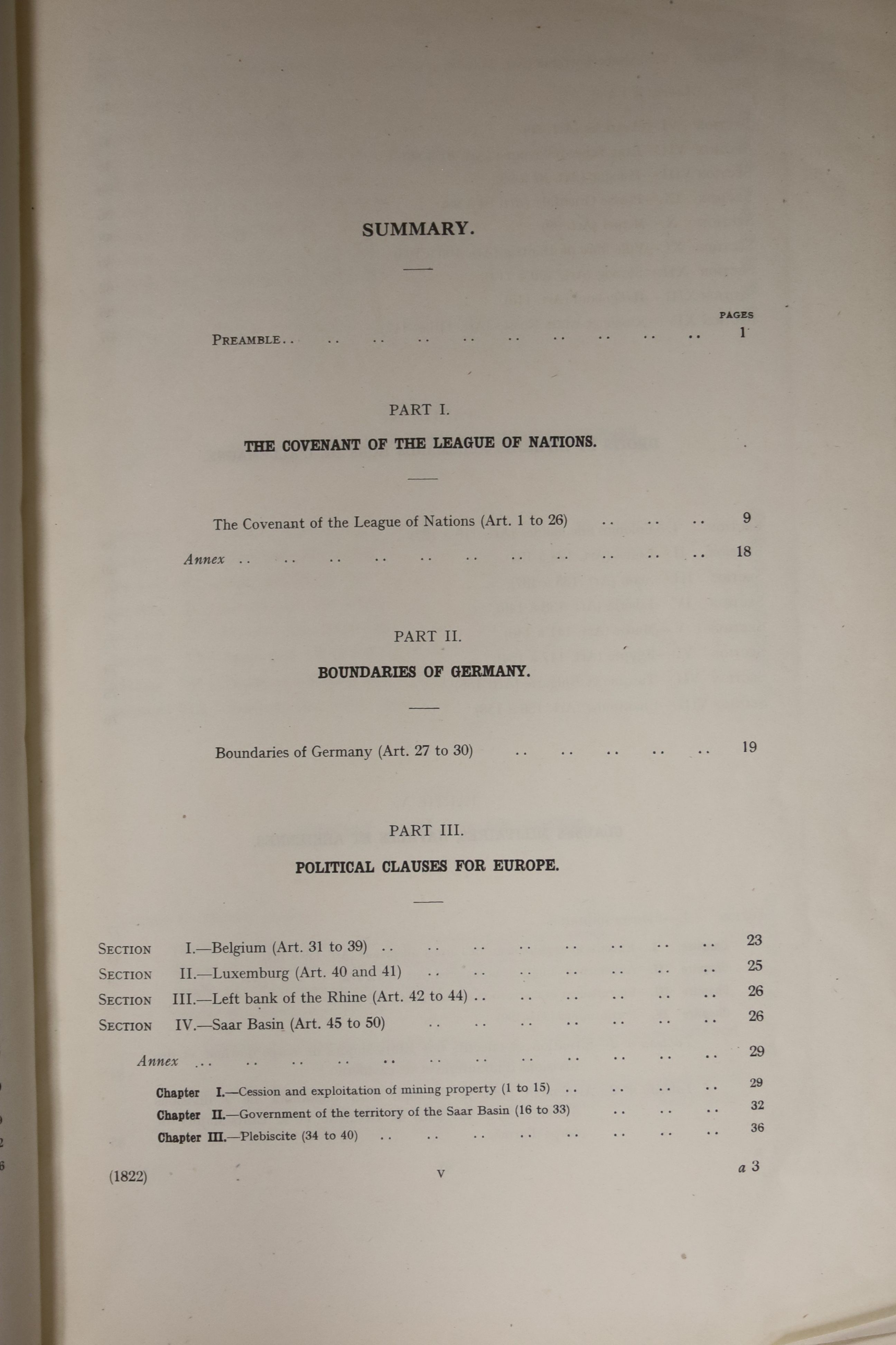 “Treaty of Peace between the Allied and Associated Powers and Germany” Versailles June 28th 1919 pub HMSO 1919 hard cover with maps.